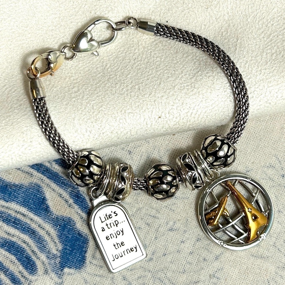 Brighton Beverly Glam Charm Bracelet 2 Travel Charms 5 Spacers Silver Plated